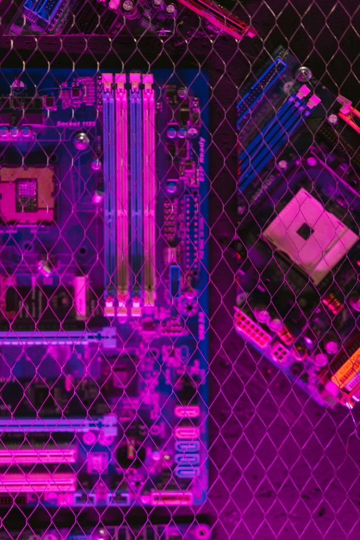 our-experience Close-up of a computer motherboard with vibrant neon lighting, showcasing modern technology and circuitry.